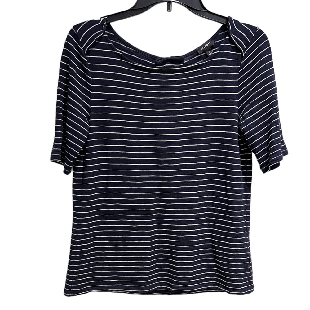 Talbots Navy & White Stripe Shirt With Back Dart, Grommets & Bow Size Small